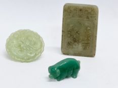 Chinese Jade. A vintage Chinese celadon square pendant 6.5cm. With a later Chinese Jade pendant