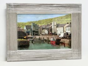 A good quality oil painting on board by Keith Glasgow. Carnlough Harbour. In new frame. 44x29cm.