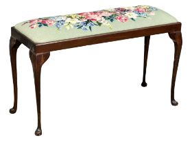 A vintage mahogany window bench with tapestry seat. 89x33x55cm