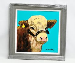 A large oil painting on board by Ron Keefer. Show Bull on Blue. 60x60cm. Frame 80x80cm