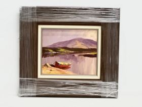 An oil painting on canvas by Donal McNaughton. Fishing boat docked. 30x24cm. Frame 54x48cm