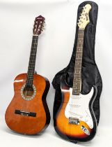 A RockJam electric guitar and case with an Elevation acoustic guitar.