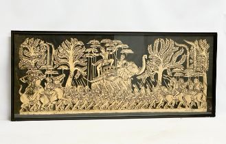 A large vintage Cambodian Angkor Wat Temple Rubbing in later frame. 125x52.5cm