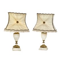 A pair of large good quality impressive ornate brass and marble table lamps with shades. Base