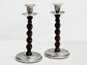 A pair of large early 20th century silver plate and Barley Twist oak candlesticks. Circa 1900-