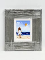 An oil painting on board by Michelle Carlin. Balloon on the Beach. 13x17cm. Frame 33x37.5cm