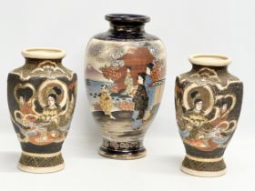 3 early 20th century Japanese Satsuma pottery vases. Pair measures 15x25cm. Largest 19x32.5cm