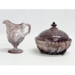 2 pieces of late 19th century ‘Slag Glass’ . Circa 1890-1900. A powder jar with lid 14x12cm and a