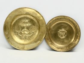 2 late 19th century brass wall hanging trays. 42cm