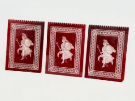 3 late 19th/early 20th century etched Ruby Glass panels with Classical Grecian Warrior design.