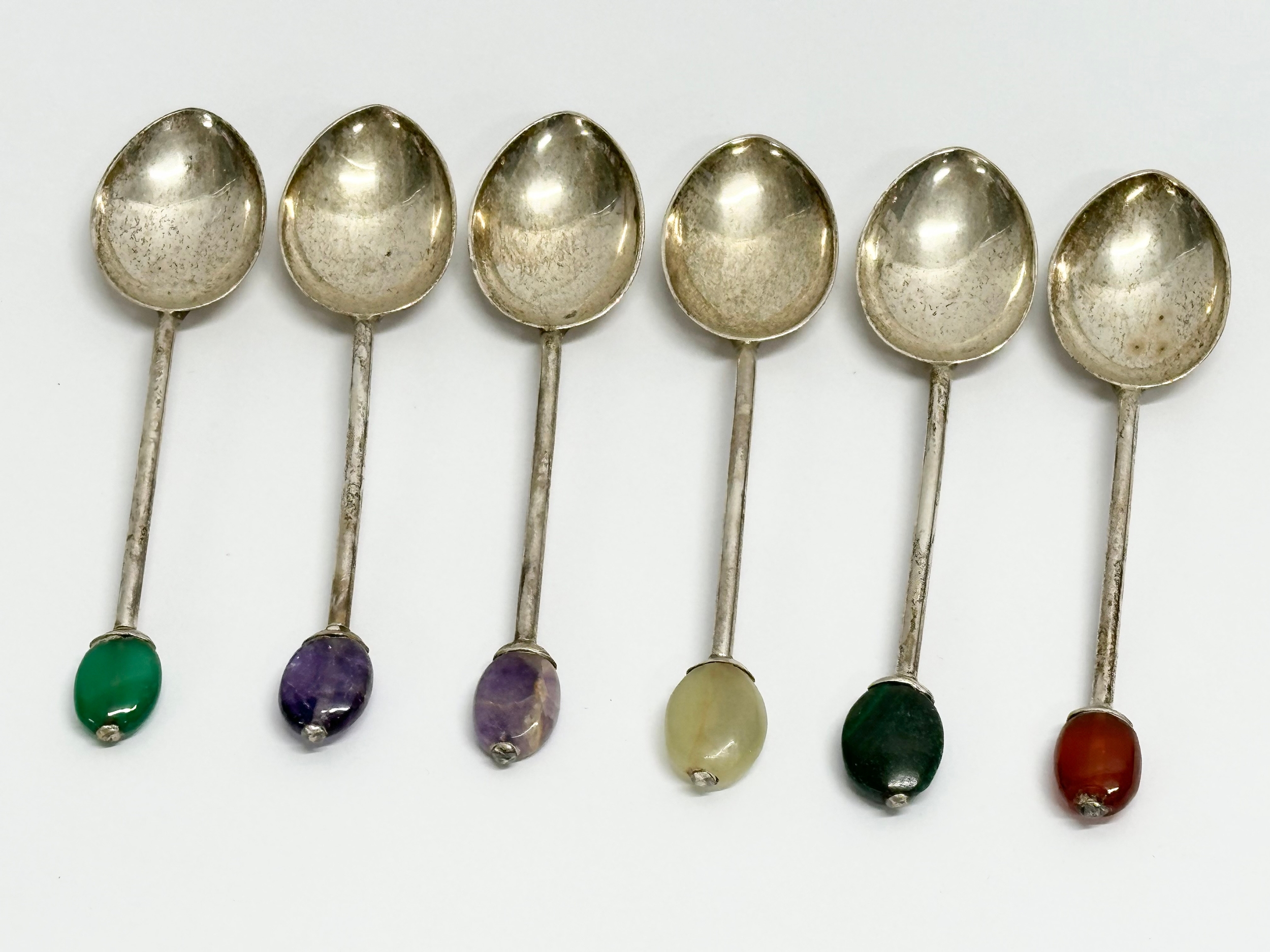A set of 6 1920s Liberty & Co silver cocktail spoons with stone set handles in original case. - Image 5 of 7