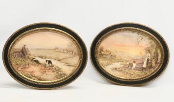 A pair of vintage gilt and lacquered oval framed farm scene prints. 50x40cm