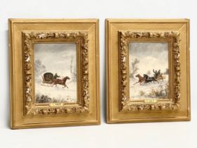 2 19th/early 20th century oil paintings on board by L. Obit. In origami gilt frames. 17x22cm. Frames