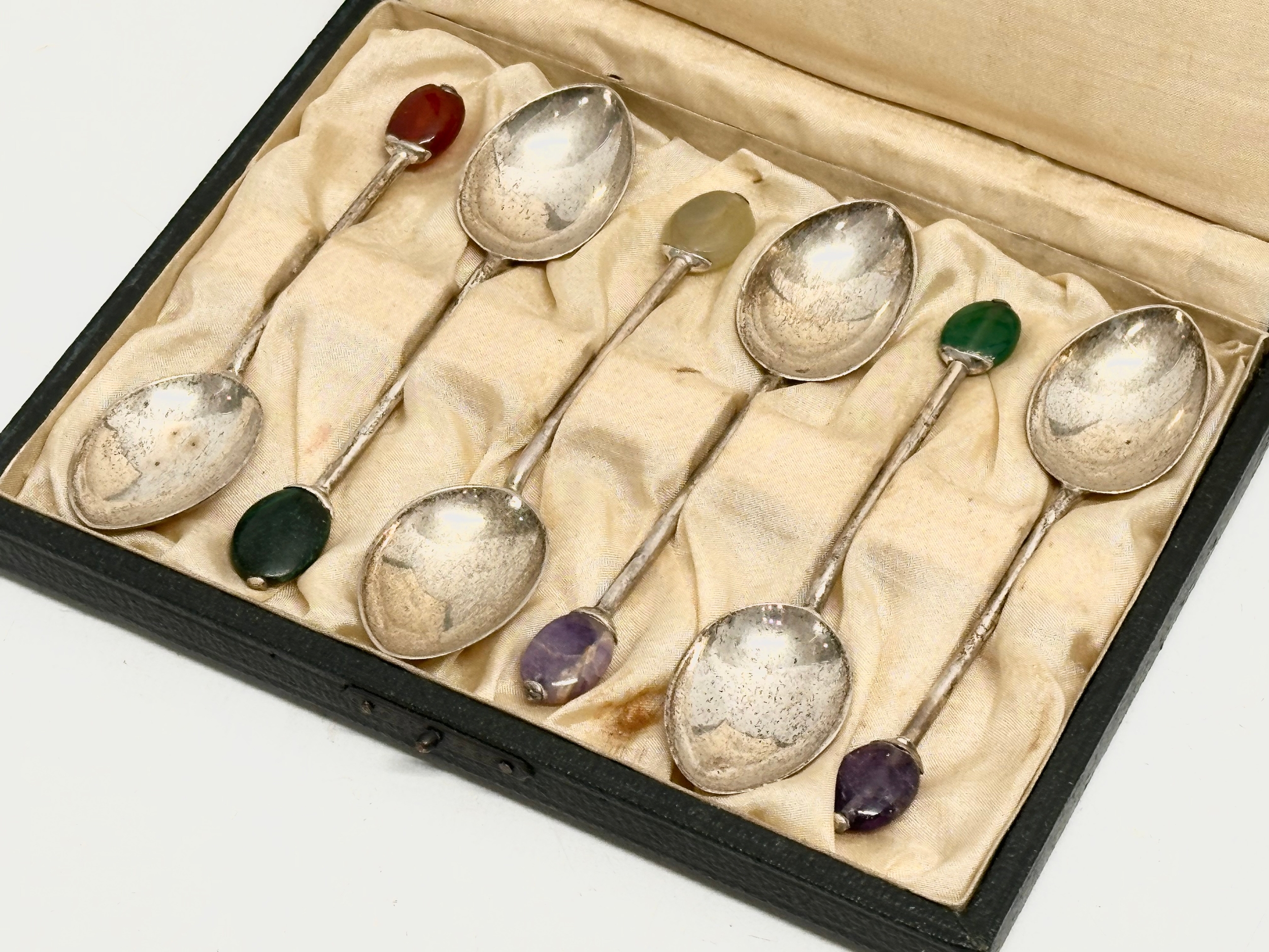 A set of 6 1920s Liberty & Co silver cocktail spoons with stone set handles in original case. - Image 2 of 7