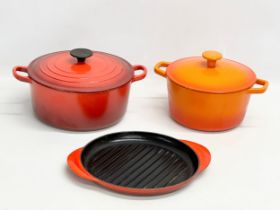 3 Le Creuset cast iron casserole dishes, pots and pan. 32x25x17cm. 28x21x17cm. 31x25.5cm