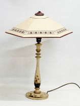 A vintage Japanese style hand painted table lamp with embossed figures, flowers and mountains. 59cm