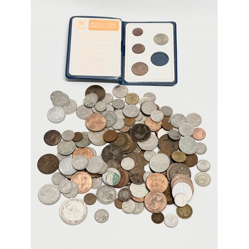 A collection of British coins.