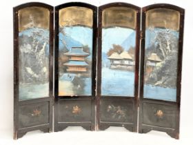 A late 19th century Japanese hand painted 4 tier screen. With embossed trees, pagodas and figures.