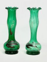 A pair of tall mid 19th century Bristol Green vases with frilled rims. Circa 1860. 31.5cm