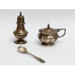 3 pieces of silver. An Irish silver spoon, Dublin mark, 6.33 grams. A sugar pot, Birmingham mark,