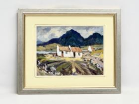 An oil painting by John. T. Bannon. Cottage and Mountains scene. 28.5x21cm. Frame 43x35.5cm