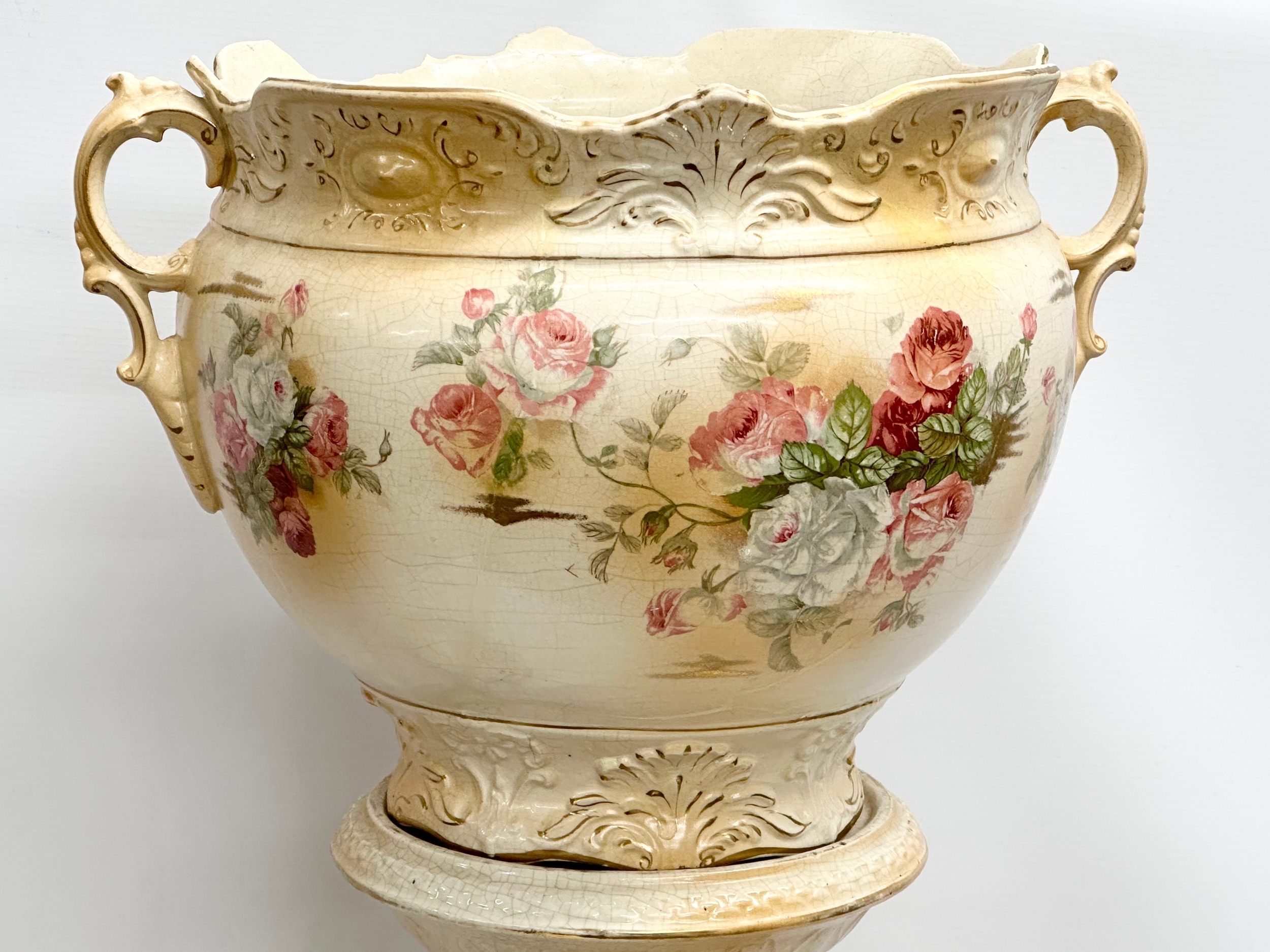2 late Victorian pottery jardinières. A large English jardiniere on stand 42x95cm. A large late - Image 2 of 10