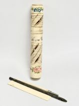 A 19th/early 20th century hand painted bone pencil holder/needle holder. 15.5cm