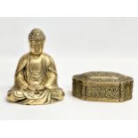 Early 20th century brass Buddha figure and an ornate brass trinket box. 13.5x7.5x5.5cm. 13x15cm
