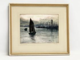 A watercolour by Thomas Swift Hutton (1875-1935) Early Morn on the Tyne. 28x21cm. 44x37cm