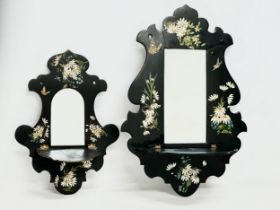 A pair of late 19th century hand painted lacquered mirror back wall shelves. Circa 1890. Largest