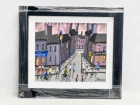 An oil painting on board by John Ormsby. Pat’s Bar and The Tavern. 29.5x24.5cm. Frame 42.5x37.5cm.