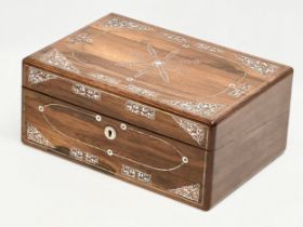 A Victorian rosewood writing slope with Mother of Pearl inlay. Closed 35.5x25x15cm. Open 50cm.