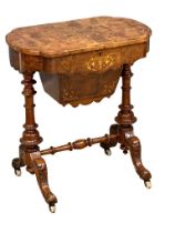 A Victorian inlaid Burr Walnut work table/storage table on carved base with Cabriole legs.