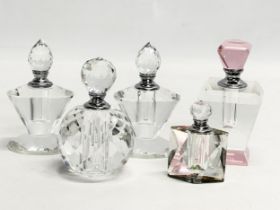 5 Art Deco style lead crystal scent bottles/perfume bottles.