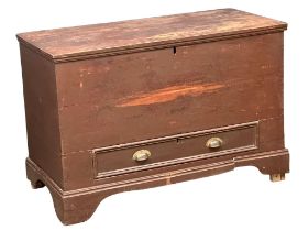 A large early late William IV/early Victorian pine mule chest with original paintwork and drawer.