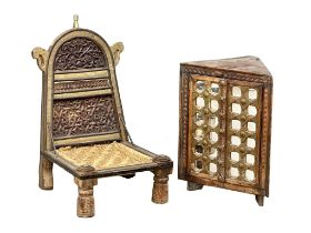 An early 20th Century Indian Pida chair and corner cabinet