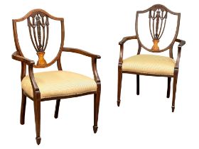 A pair of good quality early 20th century Sheraton Revival inlaid mahogany armchairs. Circa 1900-