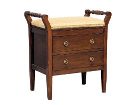 An Edwardian Mahogany piano stool with two drawers. 58cmx34cmx63cm.