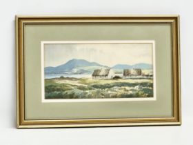 A watercolour by George Farrell. Cottages, Connemara. 27x14cm. Frame 40x27cm