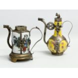 A collection of two 20th century Chinese/Tibetan enamelled metal bound teapots. 16th/17th century