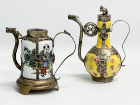 A collection of two 20th century Chinese/Tibetan enamelled metal bound teapots. 16th/17th century