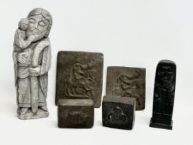 Irish Collectables. 4 pieces of Connemara Bog Oak 13x16cm. An Irish Turf Stone carved figure and a