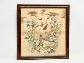 A late 19th century watercolour drawing of birds and flowers. Signed E. Sandland. Dated 1890.