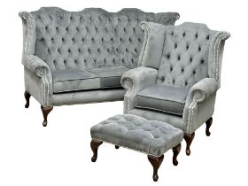A 3pc Victorian style deep buttoned wing back suite. Including a 3 seater wing back sofa and