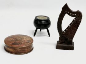 3 pieces of Irish Collectables. An early 20th century wooden treen and cover 9x3.5cm. An Irish