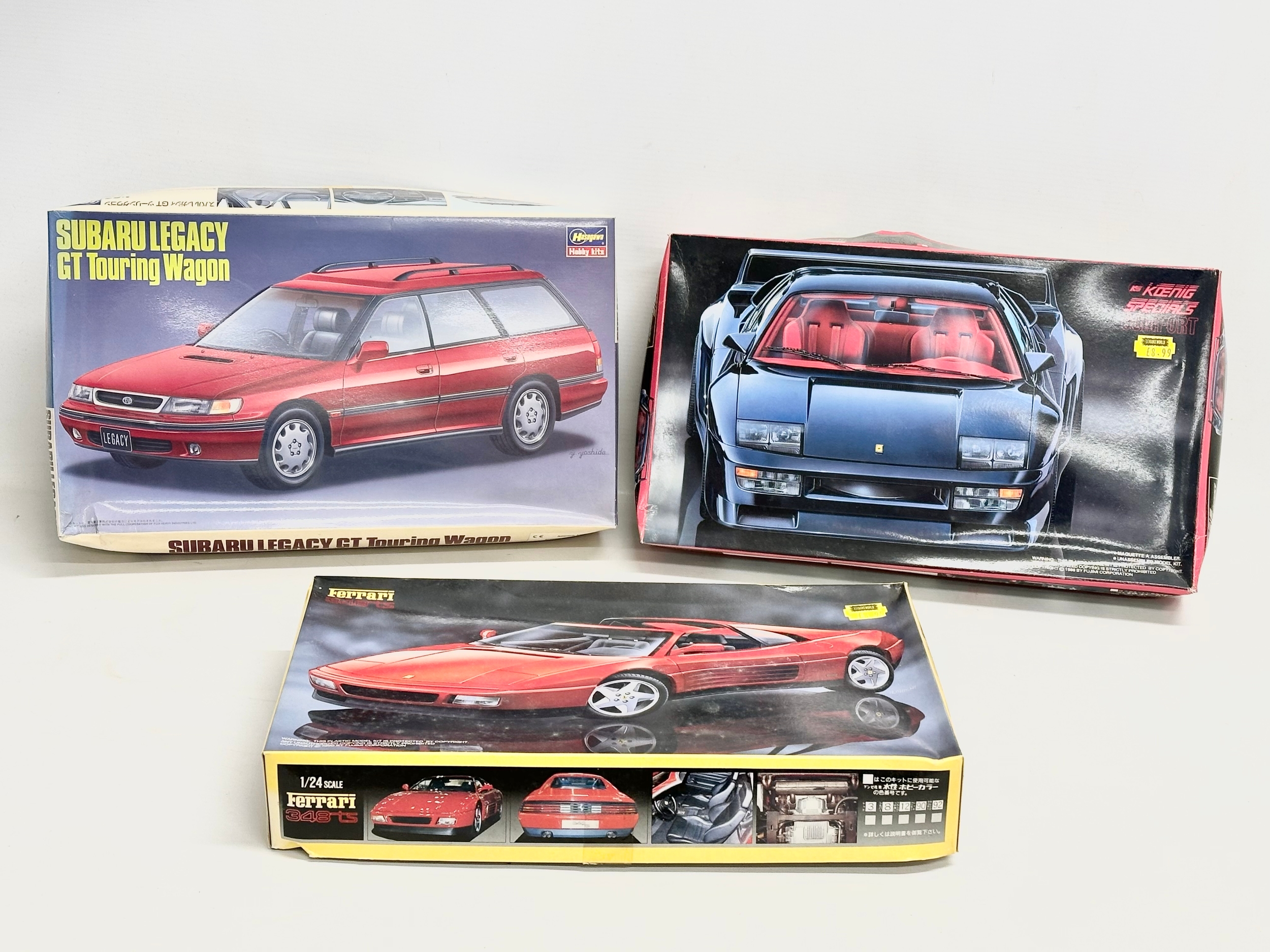 3 unused model car kits in boxes. Ferrari 348ts. Koenig Specials Comfort. Hasegawa Subaru Legacy