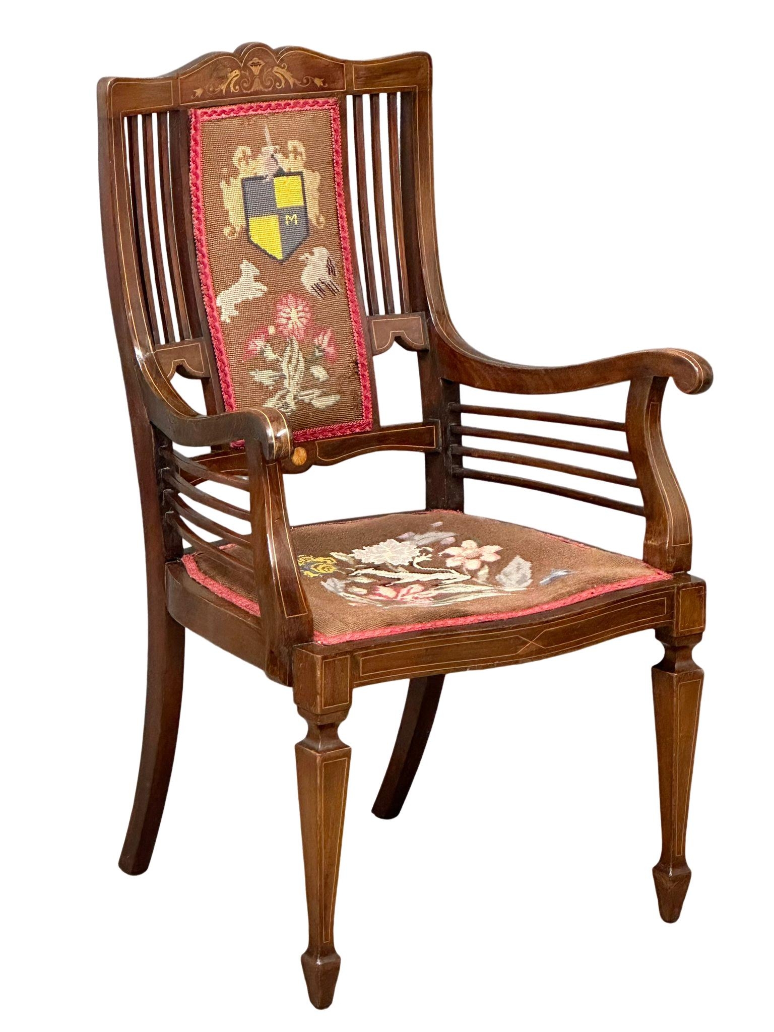 An Edwardian inlaid mahogany armchair with tapestry seat. 59x53x100cm(3)