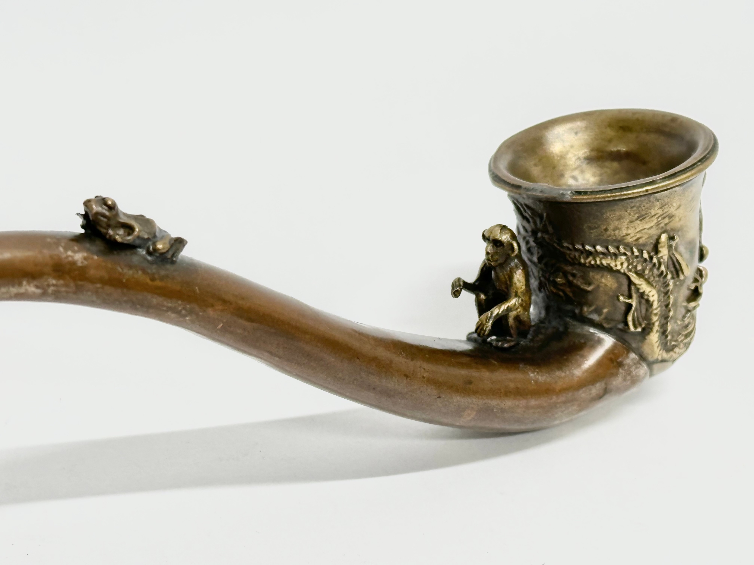 An early 20th century Chinese novelty dragon design opium pipe, with good quality carved monkey - Image 5 of 6