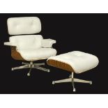 An excellent quality Charles & Ray Eames style leather and faux rosewood swivel chair and ottoman.