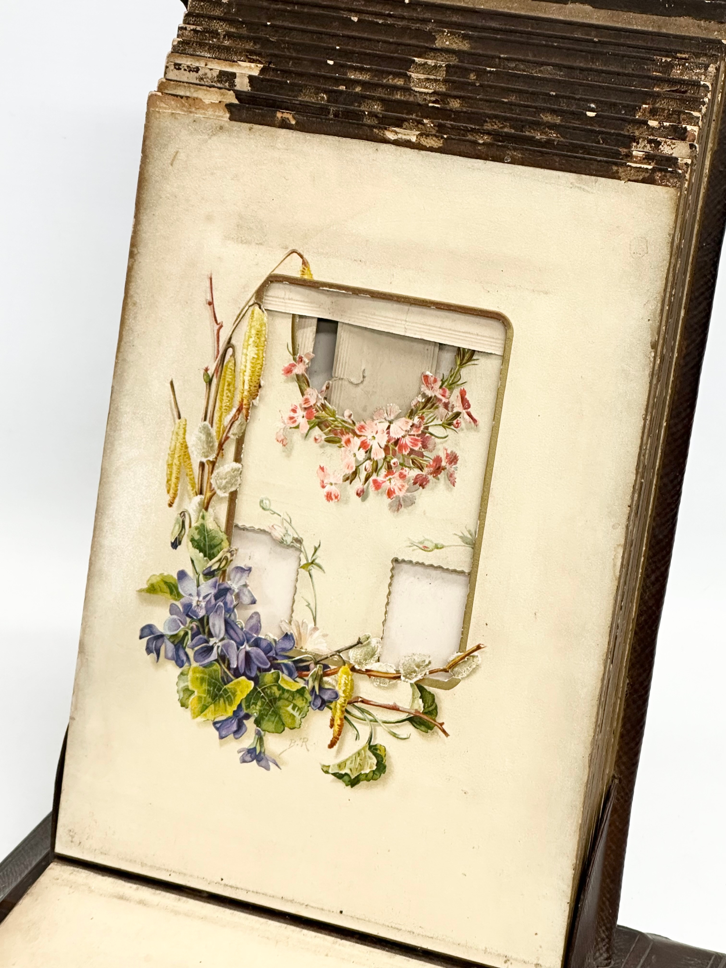 A Victorian leather and hand painted photo album. 26x13x38cm - Image 3 of 5